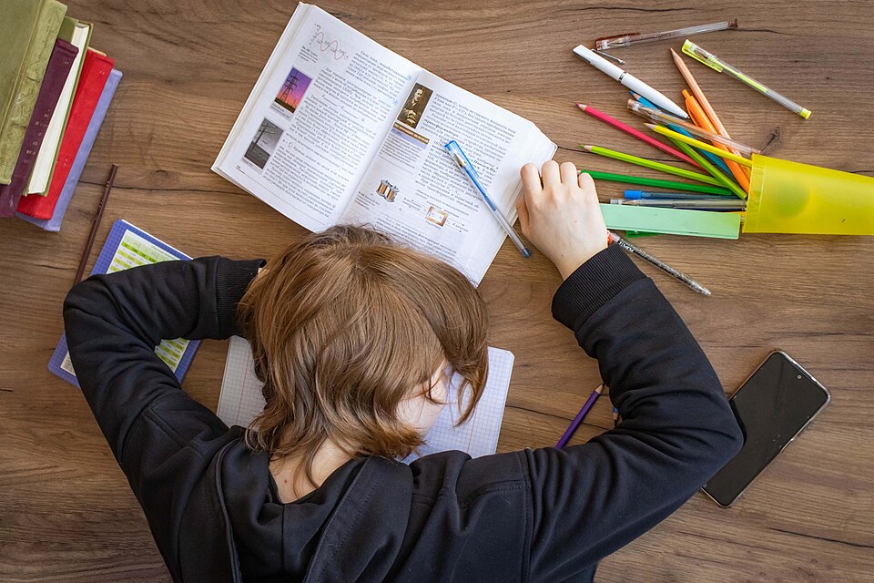 A tired student resting at a desk among study materials