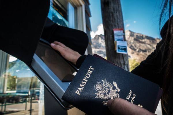 Passport stamp station at a border crossing