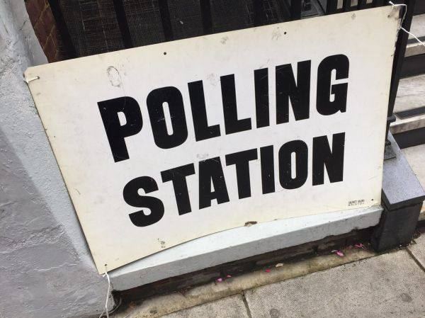 A polling station sign